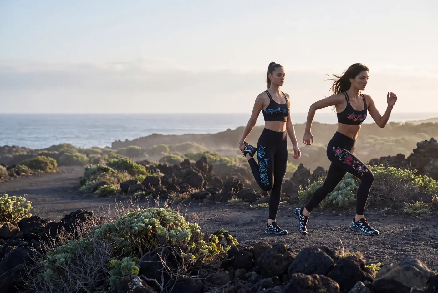 Two women warming up and running along a volcanic coastal trail at sunrise in black activewear with floral prints